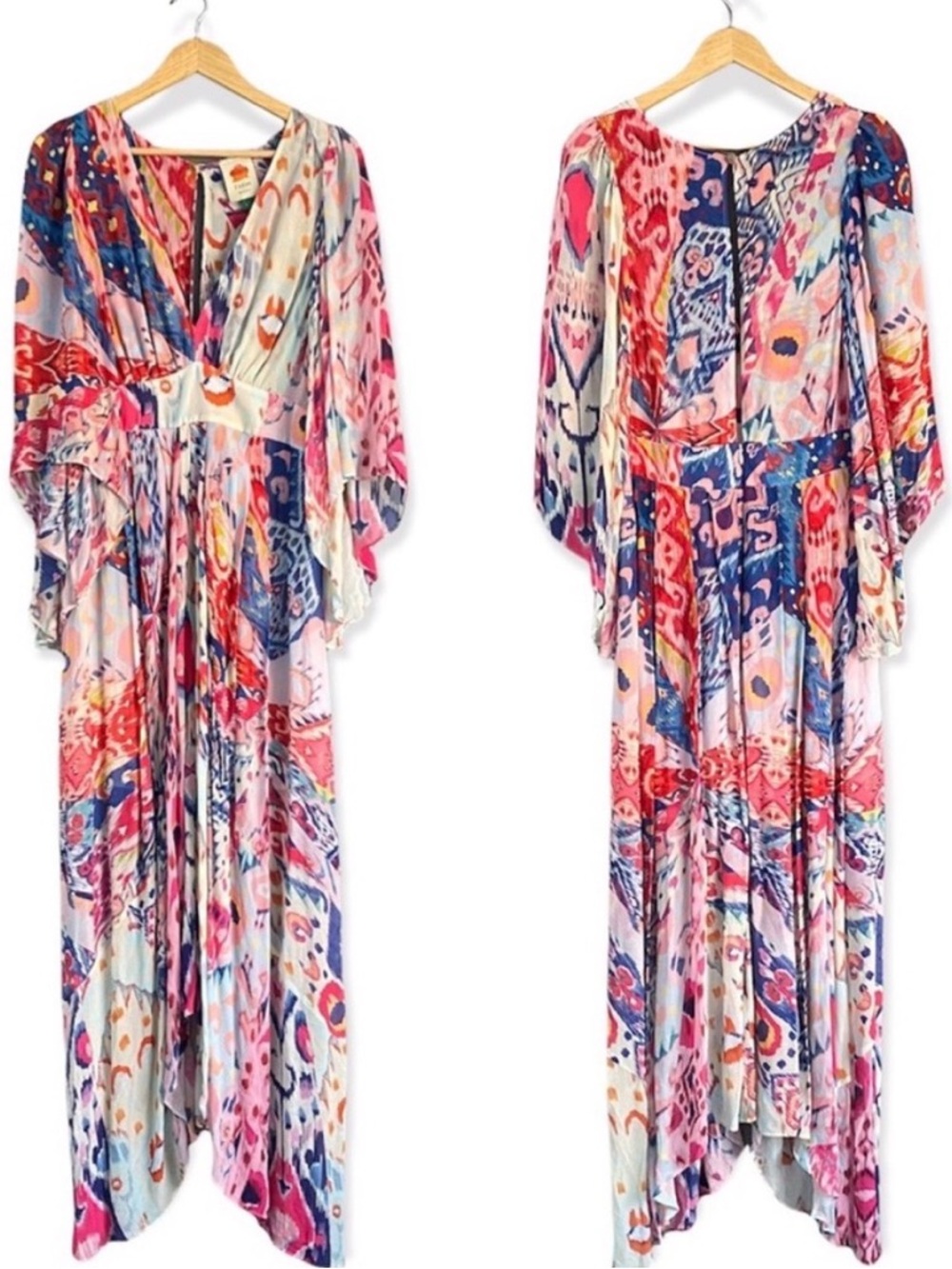 FARM Rio Boboikat Maxi Dress Multicolor Ikat Print Kaftan Size Small